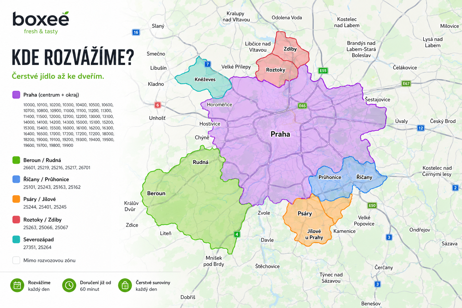 Mapa rozvozových zón Boxee.fit — Praha a okolí
